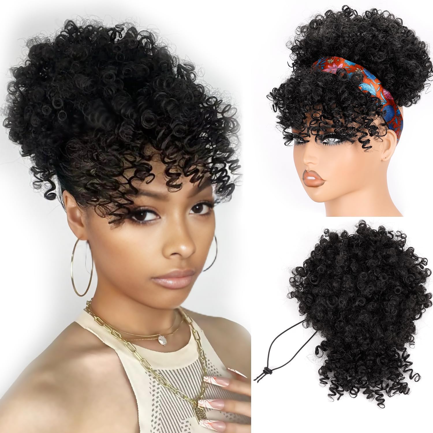 Drawstring Afro Curly Puff Ponytail - ショートドローストリングポニーテール（前髪付き）アフロパフポニーテールヘアエクステンション（女性用）ジェリーカーリークリップ式前髪付きアップヘアピース