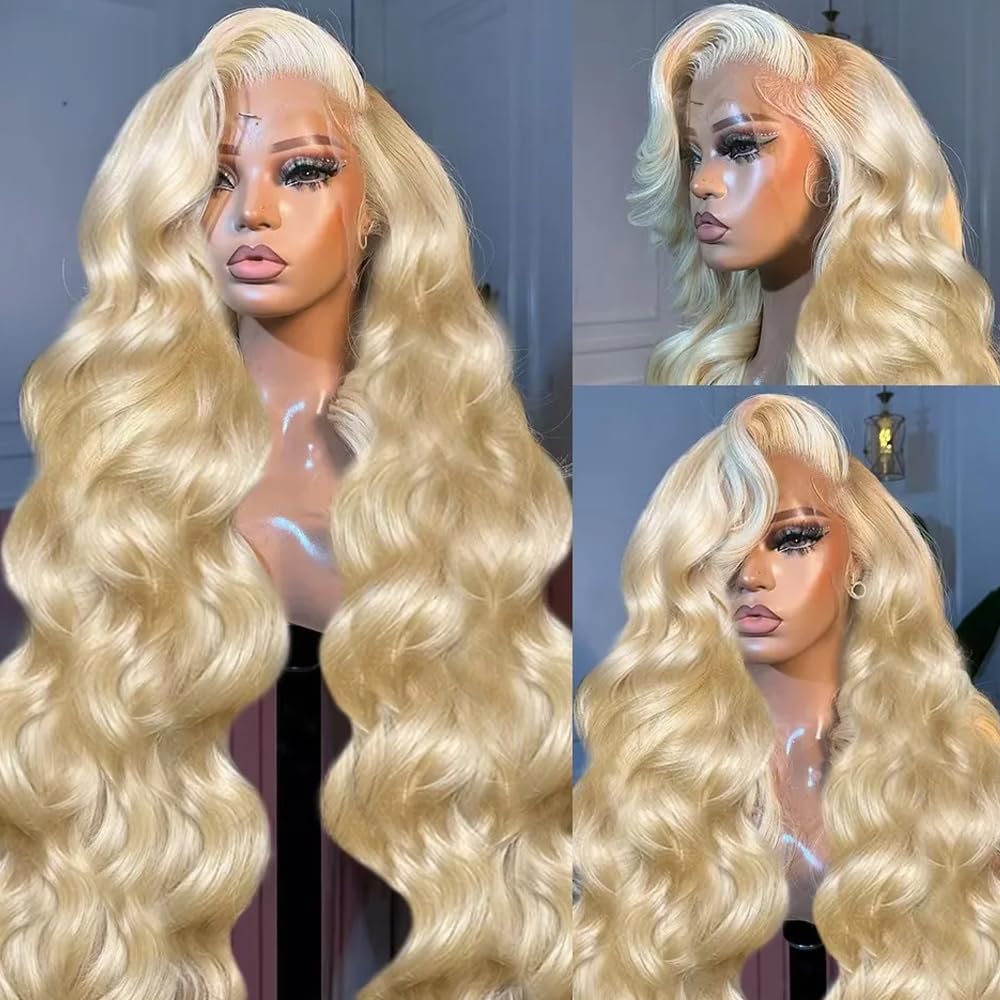 613 Blonde Body Wave Lace Front Wig - # 613（明るいブロンド）の人毛ウィッグ、ボディウェーブ、36インチ、密度200%、13x6または13x4のHD透明レースフロントウィッグ、女性用、ブラジル産人毛、前髪部分に毛を植え付け済み。