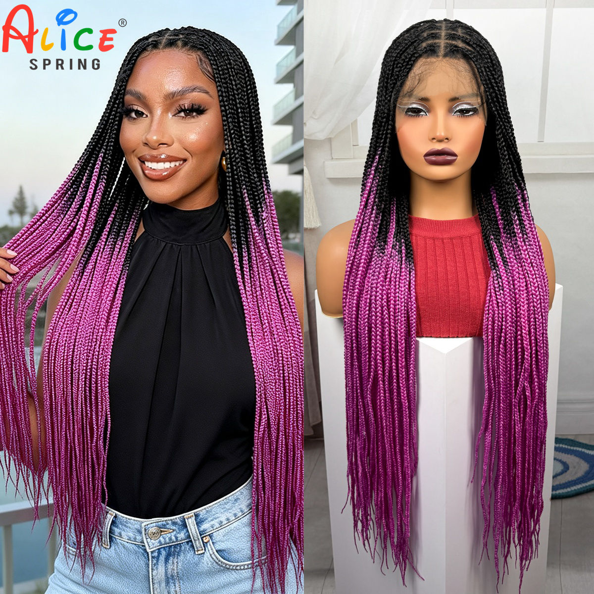 36インチ ピンクカラー ボックスブレイドウィッグ 合成フル - Synthetic Braided Wigs For Black Women のレビューと価格