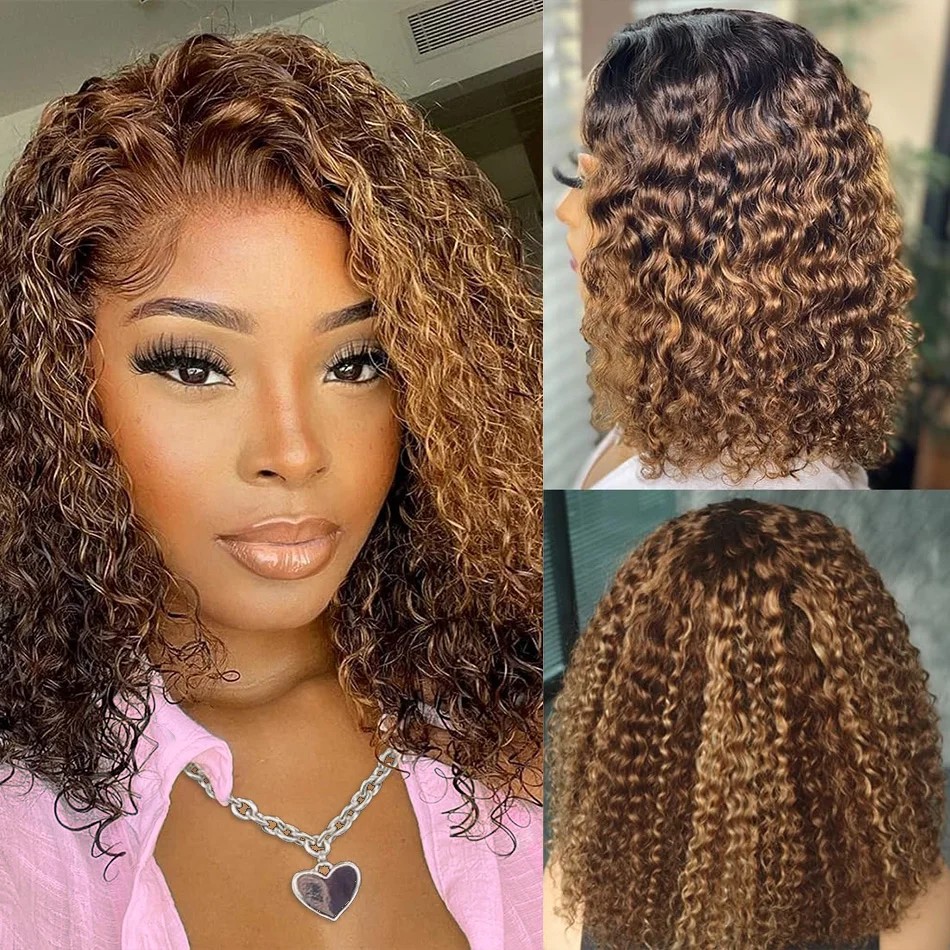 P4/27：ハイライト入りのカールしたショートボブウィッグ。 - Glueless Wear And Go Human Hair Wig のレビューと価格