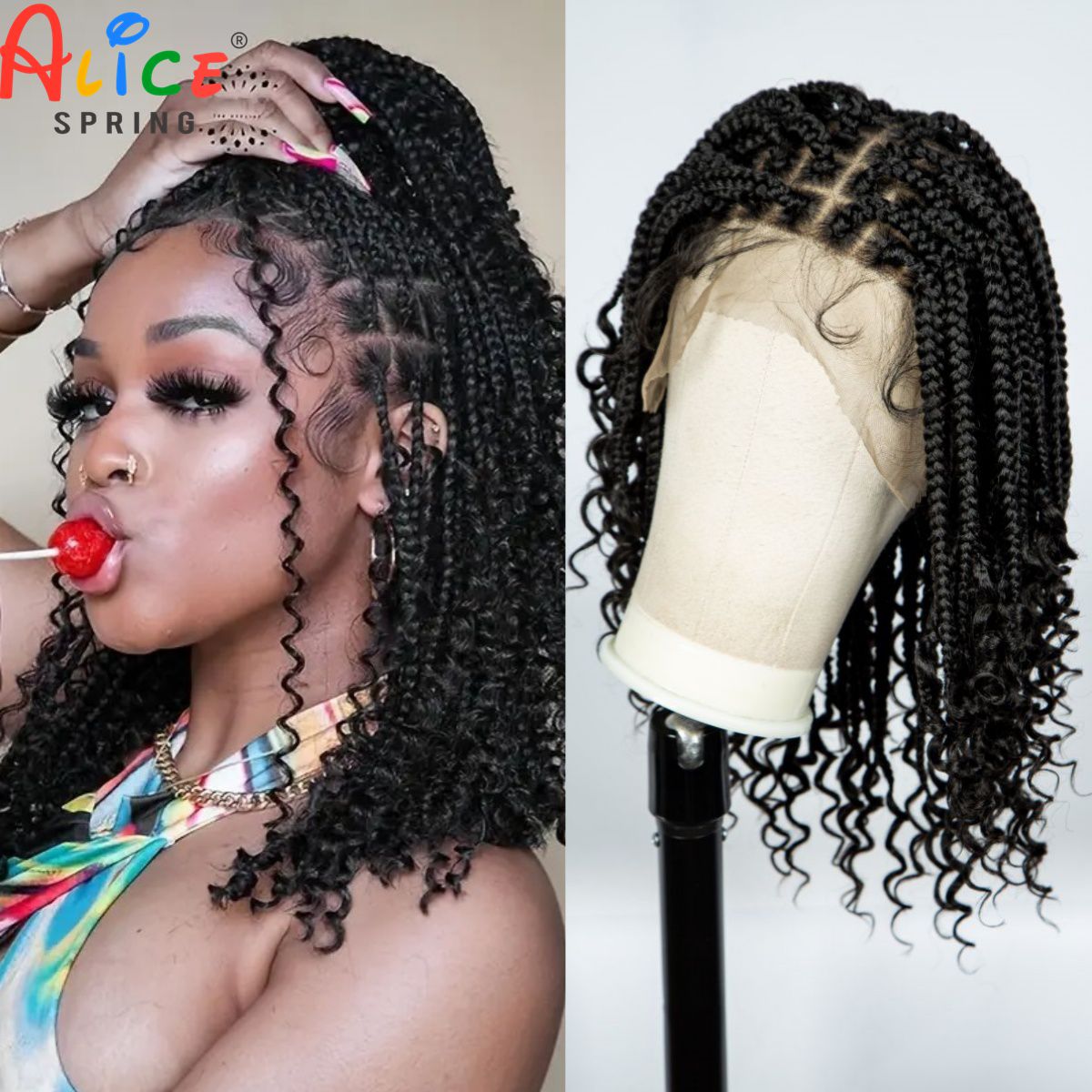結び目のないボックス編み込みウィッグ カールエンド付き 合成 - Synthetic Braided Wigs For Black Women のレビューと価格