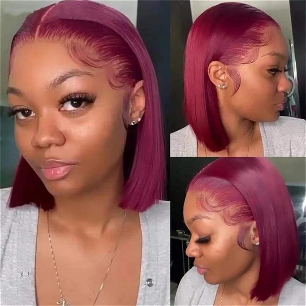 短いボブスタイルのウィッグ。人毛を使用し、バーガンディレッド - Pre Parted 13X4 Lace Front Bob Wig のレビューと価格