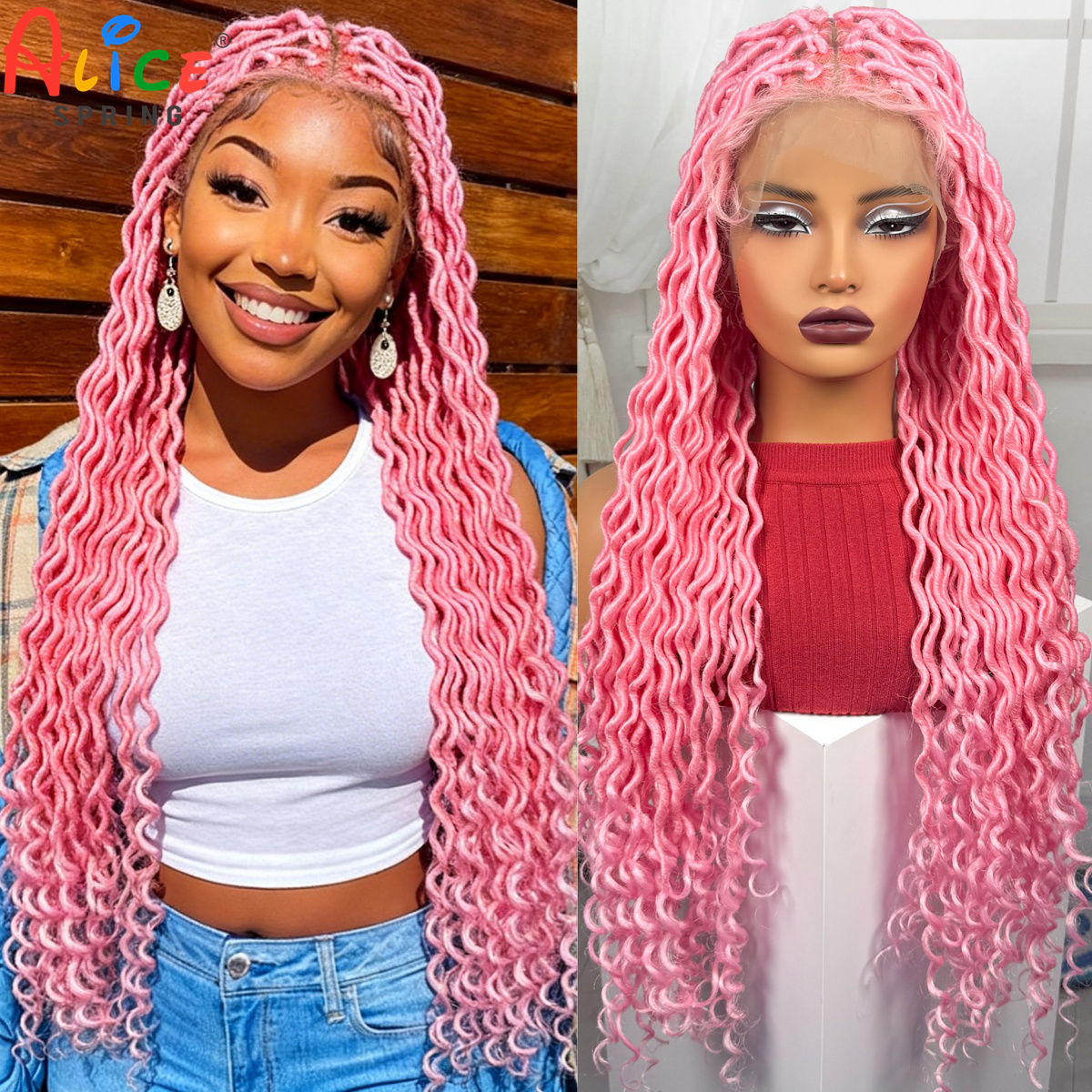 ピンクカラーのフルレース編み込みウィッグ、合成ノットレスボッ - Synthetic Braided Wigs For Black Women のレビューと価格